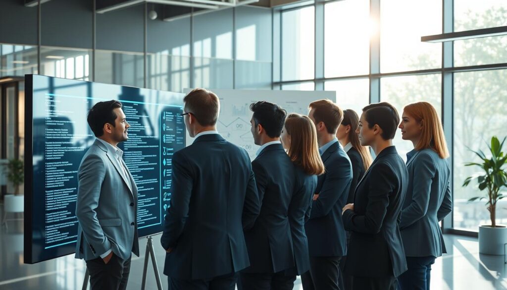 A sleek, modern office environment filled with advanced technology symbolizes customized systems in action. In the foreground, a diverse group of professionals in business attire collaborates around a large, interactive digital screen displaying code and data analytics. The middle showcases a whiteboard filled with flowcharts and graphs, illustrating the automation process. In the background, large windows allow natural light to flood the room, creating a bright and optimistic atmosphere. The scene conveys a sense of innovation and efficiency, emphasizing the benefits of tailored automation systems. The lighting is soft yet vibrant, highlighting the faces of the professionals engaged in thoughtful discussion, capturing a moment of collaboration and productivity.