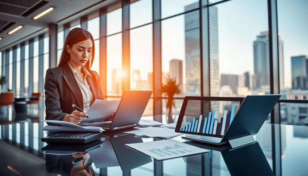 A sleek, modern office environment with a focus on a digital accounting setting. In the foreground, a professional businesswoman in smart attire, analyzing financial documents on a laptop, surrounded by documents and a calculator. In the middle, a clear glass desk showcases a tablet displaying graphs and digital charts, emphasizing financial growth. The background features large windows letting in natural light, showcasing a cityscape that reflects the digital business world. The lighting is bright and inviting, creating an atmosphere of productivity and professionalism. The composition should be warm and inspiring, conveying the essence of formalizing and managing digital business accounting. A sleek, modern office environment with a focus on a digital accounting setting. In the foreground, a professional businesswoman in smart attire, analyzing financial documents on a laptop, surrounded by documents and a calculator. In the middle, a clear glass desk showcases a tablet displaying graphs and digital charts, emphasizing financial growth. The background features large windows letting in natural light, showcasing a cityscape that reflects the digital business world. The lighting is bright and inviting, creating an atmosphere of productivity and professionalism. The composition should be warm and inspiring, conveying the essence of formalizing and managing digital business accounting.