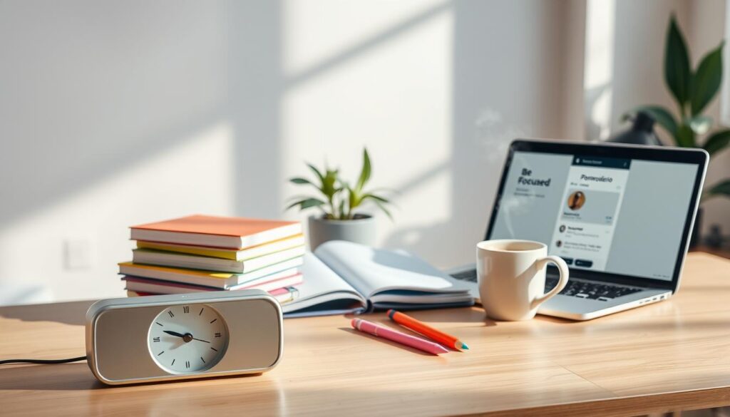 A stylish workspace setup depicting the "Be Focused" Pomodoro technique for studying. In the foreground, an aesthetically pleasing desk with an elegant timer, a stack of colorful study notes, and a laptop displaying a Pomodoro app interface. The middle layer features a clear planner with organized tasks, a serene cup of coffee steaming beside it, and a potted plant to enhance focus. The background showcases a well-lit room with soft, natural lighting filtering through a window, casting gentle shadows to create a calming atmosphere. The overall mood conveys productivity and concentration, with a hint of creativity, perfect for students or professionals aiming to increase focus in their studies.