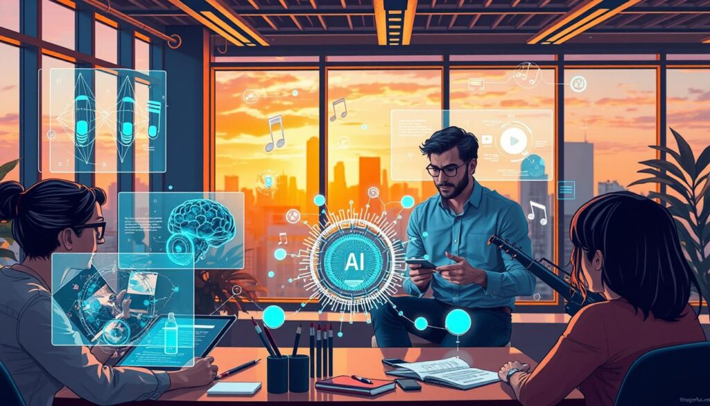 A vibrant and dynamic illustration depicting the impact of artificial intelligence on creative professions. In the foreground, a diverse group of professionals—a graphic designer, a musician, and a writer—are engaged in a collaborative brainstorming session, surrounded by futuristic tools like holographic screens displaying AI-generated art, music notes, and text. In the middle ground, abstract representations of AI algorithms intertwine with traditional artistic elements, such as paintbrushes and musical instruments. The background features a modern office environment with large windows showcasing a skyline, illuminated by warm, natural light, creating an inspiring atmosphere. The overall mood is one of innovation and excitement, highlighting both challenges and opportunities brought by AI in the creative industry, captured from a slightly elevated angle to showcase the interaction among the subjects.