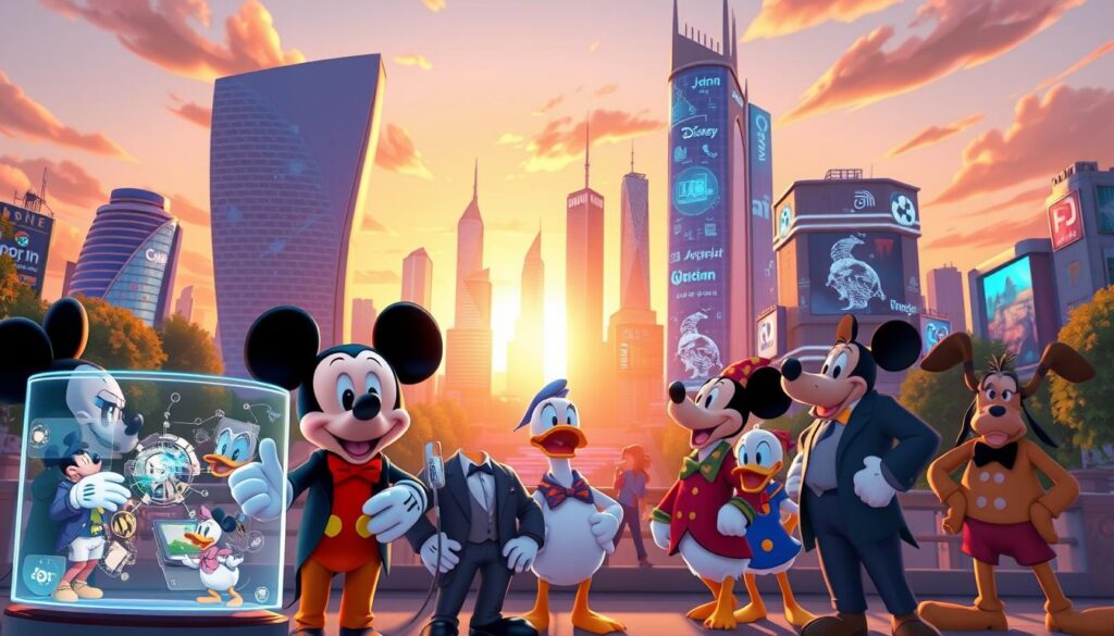 A vibrant and dynamic scene depicting iconic Disney characters engaged in activities that symbolize innovation and investment in artificial intelligence. In the foreground, a group of well-dressed Disney characters such as Mickey Mouse, Donald Duck, and Goofy are gathered around a futuristic holographic display showing technological advancements. In the middle ground, a stylized animated cityscape represents the expanding ecosystem of Disney's AI initiatives, with sleek buildings adorned with digital screens. The background features a sunset sky casting warm, inviting light, creating a hopeful and optimistic atmosphere. The perspective is slightly elevated, providing a clear view of the characters and the city. The overall mood should be inspiring, reflecting the synergy between entertainment and technology.