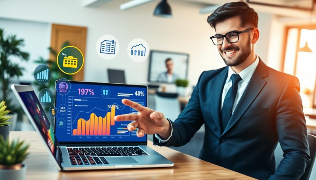 A vibrant and engaging visual representation of mental triggers for conversion in a digital marketing context. In the foreground, a confident business person in professional attire is interacting with interactive elements like graphs, charts, and icons representing emotional triggers such as urgency, scarcity, and social proof. The middle ground features a laptop displaying analytics, with bright, colorful visuals emphasizing growth and engagement. The background includes a modern office environment with soft, natural lighting, symbolizing creativity and focus. Use a slight overhead angle to capture both the individual and the digital elements effectively. The atmosphere should feel dynamic and inspiring, conveying the excitement of successful digital strategies.
