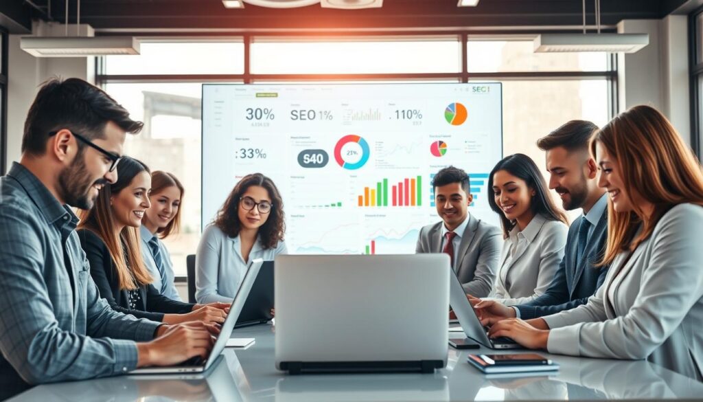 A vibrant digital workspace emphasizing SEO for online businesses. In the foreground, a diverse group of professionals, dressed in smart business attire, engage with laptops, charts, and graphs. They appear focused and collaborative. In the middle ground, a large screen displays colorful analytics and SEO metrics, showcasing improvements in visibility and traffic. The background features a modern office with large windows letting in soft, natural light, creating a bright and motivating atmosphere. Use a wide-angle lens to capture the collaborative energy of the space, with warm lighting to enhance the inviting mood. The overall impression should reflect professionalism, teamwork, and the strategic essence of SEO in driving online visibility. A vibrant digital workspace emphasizing SEO for online businesses. In the foreground, a diverse group of professionals, dressed in smart business attire, engage with laptops, charts, and graphs. They appear focused and collaborative. In the middle ground, a large screen displays colorful analytics and SEO metrics, showcasing improvements in visibility and traffic. The background features a modern office with large windows letting in soft, natural light, creating a bright and motivating atmosphere. Use a wide-angle lens to capture the collaborative energy of the space, with warm lighting to enhance the inviting mood. The overall impression should reflect professionalism, teamwork, and the strategic essence of SEO in driving online visibility.