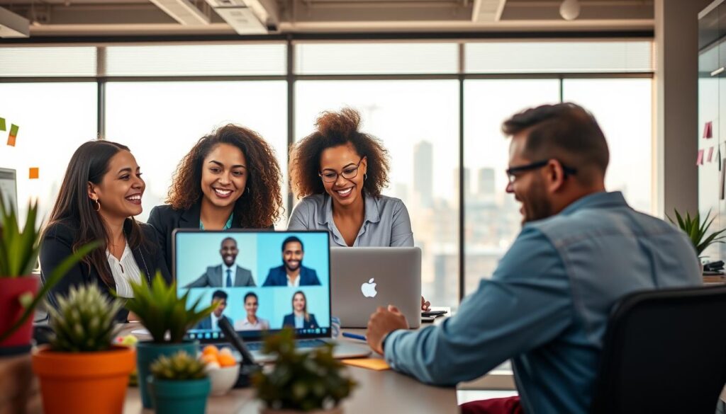 A vibrant digital workspace scene featuring a diverse group of professionals collaborating online. In the foreground, a multi-ethnic team of three individuals, two women and one man, is engaged in a video conference on laptops. They are dressed in smart casual attire, focusing intently on the screen. The middle ground showcases a modern office space with potted plants and colorful sticky notes on the walls. In the background, a large window reveals a city skyline, illuminated by soft, natural light during the day, creating an ambiance of productivity and innovation. The scene captures a sense of teamwork and engagement, with a friendly and motivating atmosphere that reflects effective online collaboration for remote teams.