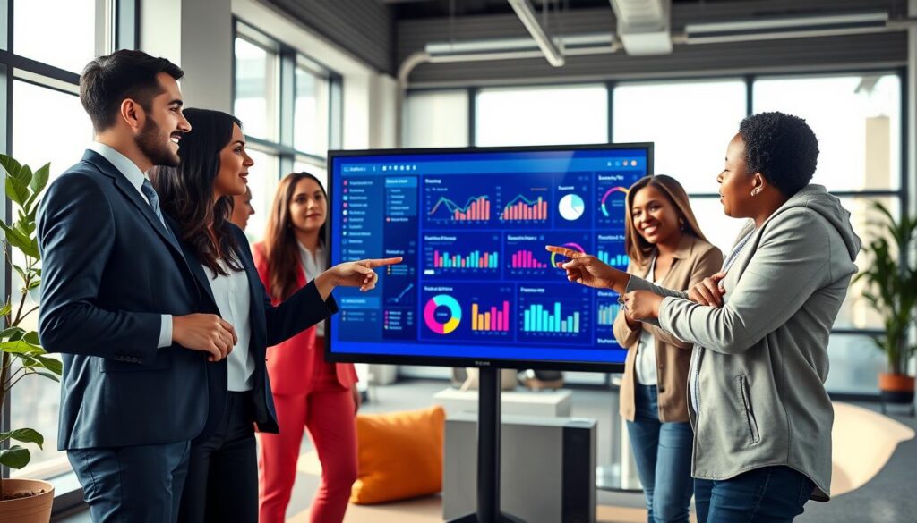 A vibrant, modern office setting showcasing a diverse team of professionals collaborating around a large digital screen displaying the ChatGPT Pulse interface. In the foreground, a South Asian woman and a Black man, both in smart casual attire, discuss animatedly while pointing at the screen. The middle of the image features the glowing screen filled with colorful charts and data analytics, symbolizing real-time collaboration. In the background, soft natural light filters through large windows, enhancing the warm, productive atmosphere. Use a wide-angle lens to capture the essence of teamwork and innovation, creating a dynamic composition that radiates energy and engagement while maintaining a professional tone.
