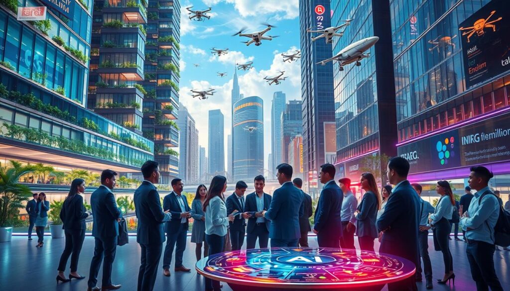 A vibrant urban scene depicting the future of technology in Brazil, set in a sleek, modern cityscape. In the foreground, a diverse group of professionals in business attire is engaged in discussions around cutting-edge gadgets and holographic displays that showcase AI, blockchain, and renewable energy solutions. The middle ground features innovative architecture with greenery integrated into buildings, symbolizing sustainability. In the background, a sky filled with drones and futuristic vehicles highlights advanced transportation systems. The scene is illuminated by bright, colorful lighting that creates a dynamic atmosphere, while a soft focus effect enhances the depth. The overall mood conveys optimism and progress, capturing the essence of emerging tech trends in Brazil.