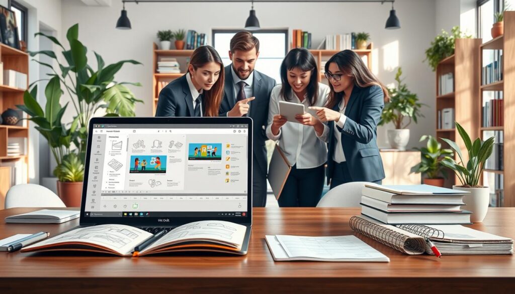 A visually engaging and informative illustration of "AI Video Creation Guides," depicting an organized workspace. In the foreground, a sleek laptop displays a detailed video editing interface with AI tools highlighted, alongside an open notebook filled with sketches and notes. The middle layer features a group of diverse professionals, dressed in smart business attire, collaborating over the laptop, pointing at the screen with expressions of concentration and inspiration. In the background, the workspace is adorned with modern decor, including plants and bookshelves filled with resources on video production and AI technology. Soft, natural light streams through a large window, creating an inviting atmosphere, and the overall mood is one of creativity and collaboration in a high-tech environment.