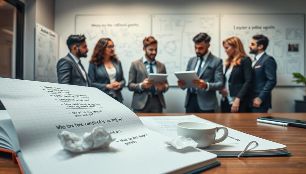 A visually engaging illustration representing common mistakes in prompt creation for AI models. In the foreground, an open notebook lies on a desk, filled with doodles of unrefined prompts and crumpled paper, symbolizing trial and error. In the middle ground, a diverse group of professionals collaborate, analyzing examples of poorly constructed prompts on a digital tablet. They are dressed in smart business attire, exuding an atmosphere of focus and creativity. The background features a well-lit office environment with whiteboards filled with brainstorming notes and diagrams. Soft lighting enhances the mood of learning and improvement, captured from a slightly elevated angle to emphasize the teamwork and brainstorming process. The overall scene conveys a professional yet approachable ambiance, ideal for encouraging better prompt creation while avoiding common pitfalls.