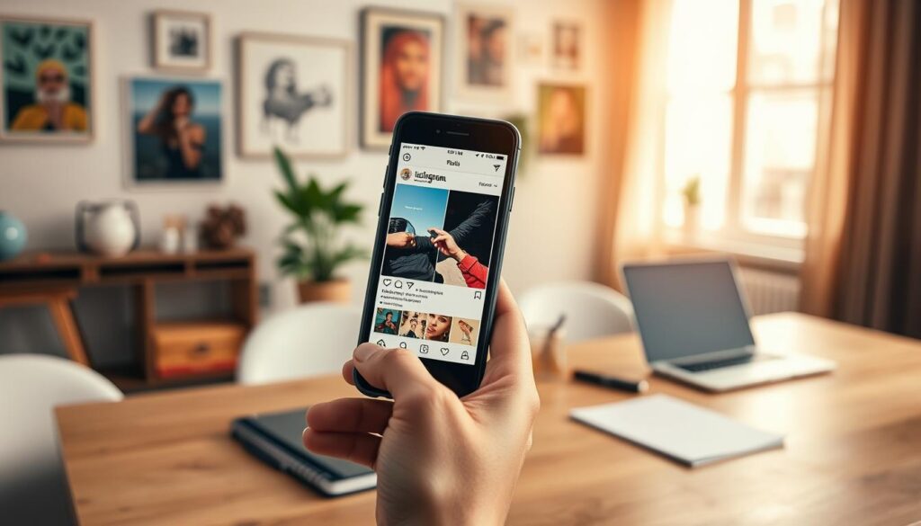 A visually engaging scene depicting a smartphone displaying an Instagram post. The foreground features a hand gently holding the phone, showing a vibrant, reposted image that emphasizes the importance of crediting original creators. In the middle ground, a stylish, well-organized workspace includes a notebook and a laptop, infused with creativity. The background presents a soft-focus wall adorned with artistic prints, creating an inviting atmosphere. Warm, natural lighting flows in from a nearby window, enhancing the overall aesthetic. The mood is professional yet approachable, capturing the essence of respect and collaboration among content creators. This image should resonate with the act of sharing content responsibly on social media.