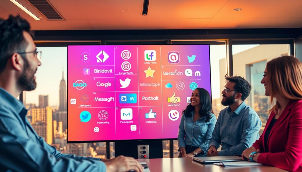 A visually striking representation of a brand's competitive differentiation in communication. In the foreground, a diverse group of three professionally dressed individuals, engaged in a brainstorming session, showcasing enthusiasm and collaboration. The middle ground features a large, vibrant digital screen displaying various brand elements—logos, social media icons, and messaging strategies—juxtaposed against each other, signifying distinctiveness. The background consists of a modern office environment with a large window revealing a city skyline, bathed in soft, warm lighting, creating an inviting atmosphere. The image captures a sense of innovation, teamwork, and strategic focus, highlighting the importance of effectively communicating a brand's unique identity.