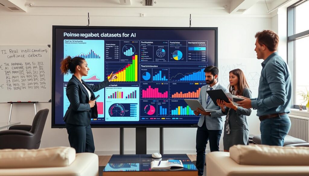 A visually striking scene that illustrates the concept of "datasets for AI," featuring a diverse group of professionals gathered around a large digital screen displaying vibrant, colorful graphs and charts of real datasets. In the foreground, a woman in business attire is pointing at the screen, passionately explaining the data, while two men in smart casual clothing yield laptops, analyzing the statistical information. The middle ground shows a modern office environment with sleek furniture, and a whiteboard filled with handwritten notes related to AI. In the background, soft natural light filters through large windows, casting a warm atmosphere. The camera angle is slightly elevated, capturing the energy of collaboration and learning, conveying a sense of innovation and excitement in the world of artificial intelligence.