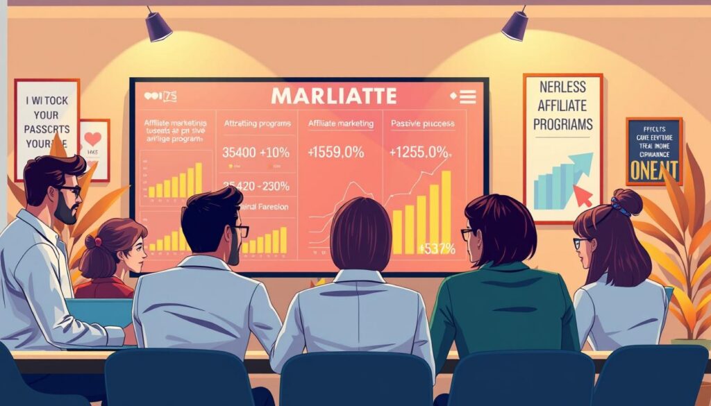 A vivid and engaging illustration depicting the concept of affiliate marketing for passive income generation. In the foreground, a diverse group of professional individuals in business attire, engaged in a brainstorming session, with laptops and digital marketing graphs visible on their screens. In the middle, a large digital display showcasing attractive affiliate program options and percentages, emphasizing the idea of financial growth. The background features a cozy, modern office environment with motivational posters about entrepreneurship and success. The lighting is warm and inviting, with soft shadows to create a relaxed yet productive atmosphere. The scene conveys a sense of collaboration and innovation in the digital business landscape.