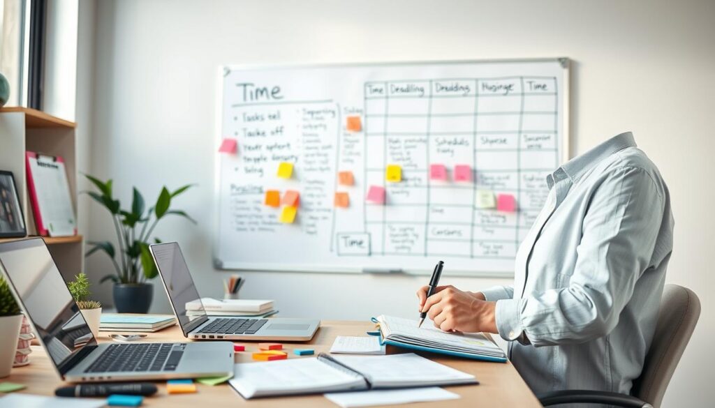 A well-organized workspace depicting effective time management strategies. In the foreground, a neatly arranged desk with a laptop, planner, and colorful sticky notes showcasing tasks and deadlines. In the middle, a whiteboard filled with neatly written goals, schedules, and time blocks, inviting the viewer to understand the planning process. In the background, a large window letting in soft, natural light that enhances a calm and focused atmosphere. The overall mood is productive and inspiring, highlighting professionalism. The image should feature a person in smart casual attire, attentively writing in a planner, symbolizing dedication and focus. The lens should capture a slightly elevated angle to provide an overview of this vibrant workspace.