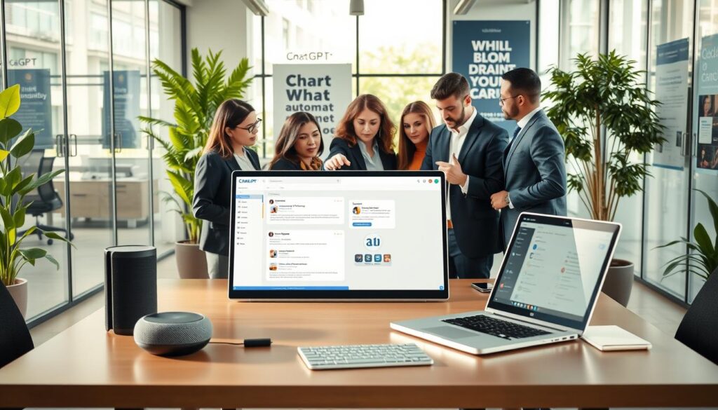 An advanced workspace illustrating the concept of "advanced tips for maximizing ChatGPT automation." In the foreground, a sleek, modern desk with a laptop open to a ChatGPT interface, surrounded by high-tech gadgets like a smart speaker and digital notepad. In the middle, a diverse group of professionals in business attire engage in a collaborative discussion, pointing at the screen and sharing ideas. The background features a contemporary office environment with glass walls, greenery, and motivational posters about productivity. Soft, natural lighting filters in from large windows, creating a productive and innovative atmosphere. The image conveys a sense of teamwork, technology, and efficiency in automating daily tasks through AI.