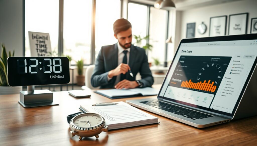 An elegant workspace scene featuring a modern digital clock and a laptop displaying a sleek, user-friendly time tracking interface, illustrating the concept of unlimited time management. In the foreground, a stylish wristwatch sits beside a notepad with organized time logs. In the middle, a focused person wearing professional business attire reviews their tasks and plans for the day, holding a pen thoughtfully. The background shows a well-lit office with large windows letting in natural light, creating a bright and inviting atmosphere. The room is filled with minimalistic furniture, plants, and motivational decor. The overall mood is productive and inspiring, emphasizing efficiency and the benefits of automation in work. Use a soft focus effect for added warmth and clarity on the main subjects.