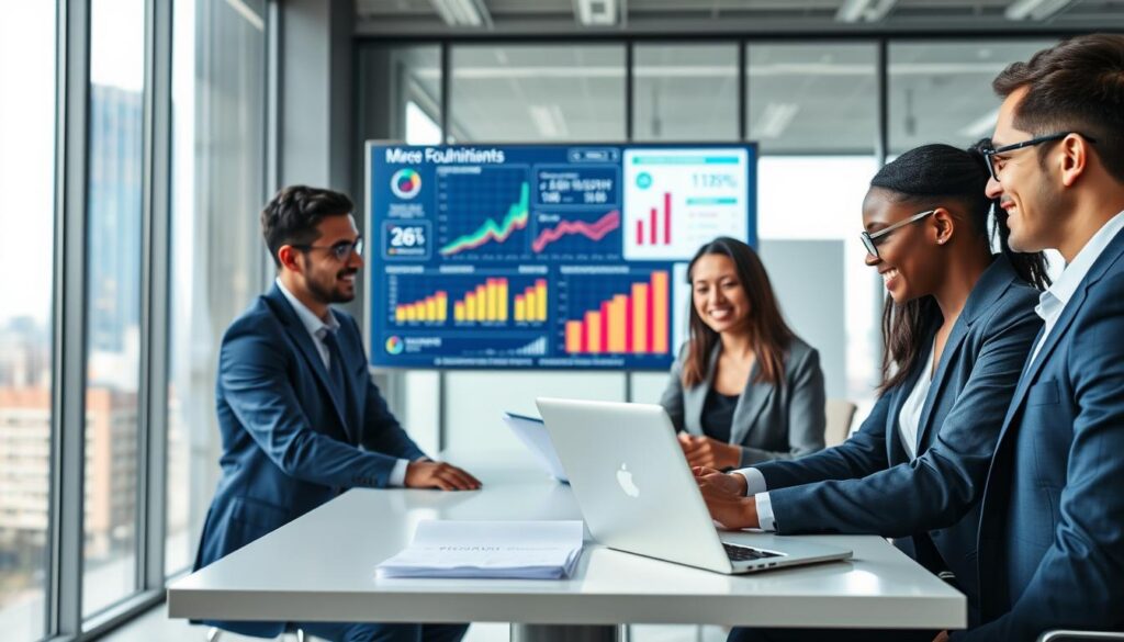 An engaging digital workspace scene depicting a "subscription and customer loyalty program". In the foreground, a diverse group of three professionals, each in smart business attire, is gathered around a modern table, analyzing data on a sleek laptop and notepad. The middle ground features a large digital screen displaying colorful charts and graphs showcasing growth in subscriptions and customer engagement. The background presents a bright, modern office with floor-to-ceiling windows revealing a bustling cityscape. Soft, natural lighting filters in, creating a positive and collaborative atmosphere. The composition should emphasize teamwork and innovation, with a focus on technology and modern design elements. Use a slight depth of field to add a professional touch and bring attention to the subjects and their work.